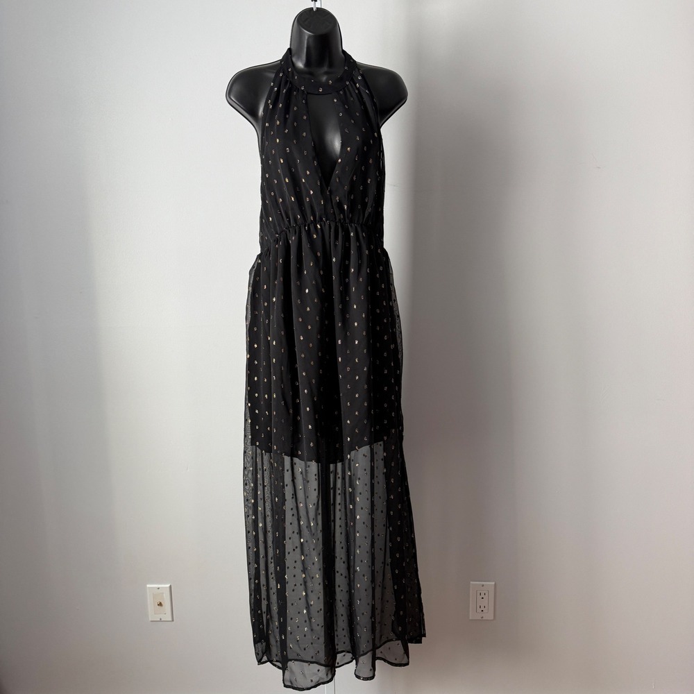 Anthropologie L Black Gold Celandine Maxi Dress NWT Metallic Keyhole Boho Witchy